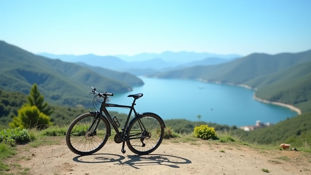 Bicicleta de paseo estacionada frente a un mirador con vista panorámica del Lago Guajataca y presas
