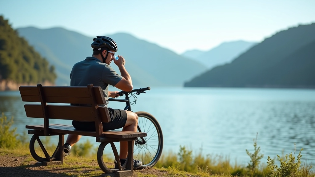 Ciclista descansando en un banco de madera junto al lago, tomando agua de una botella reutilizable