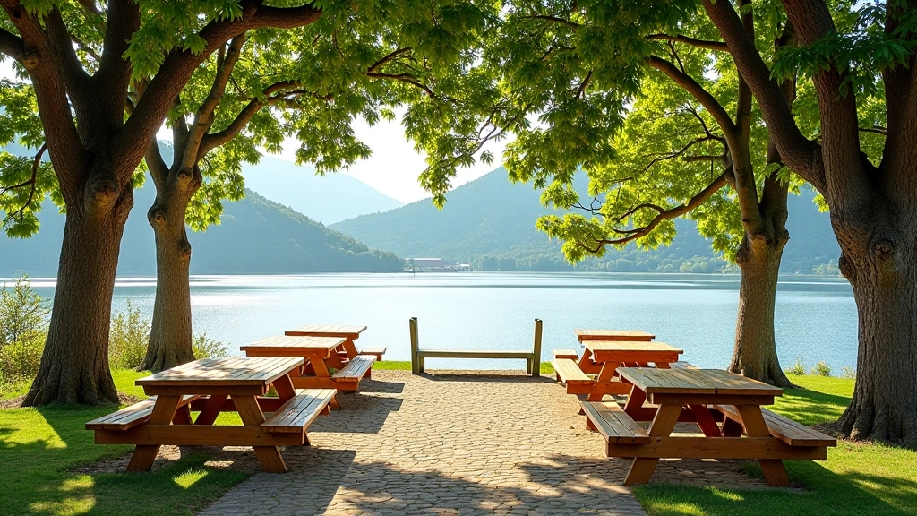 Área de picnic con mesas sombreadas junto al lago