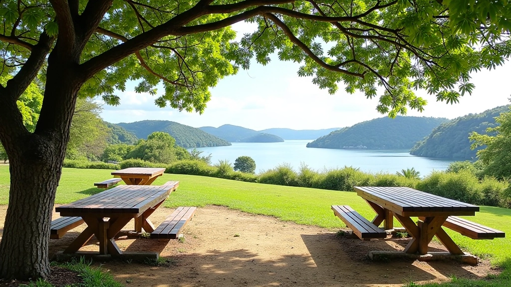 Área de descanso en el mirador con mesas para picnic, bancos bajo sombra de árboles y vista al lago