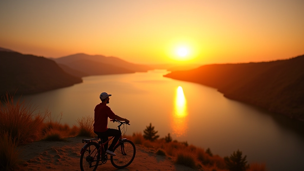 Atardecer en el mirador con tonos dorados reflejándose en el agua del lago